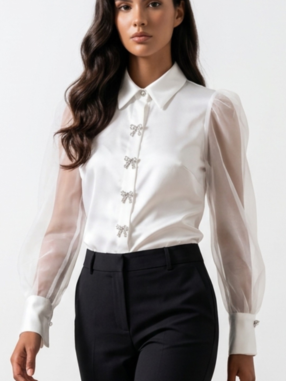 Muse Sheer Sleeve Ivory White Satin Blouse with Rhinestone Buttons Size 2